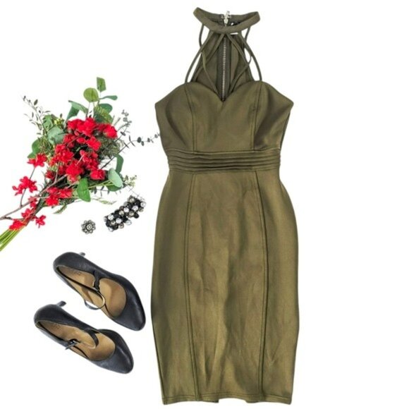 Windsor Women's Bodycon Mini Dress Size Medium Chocker Strap Halter Olive Green - Picture 1 of 14